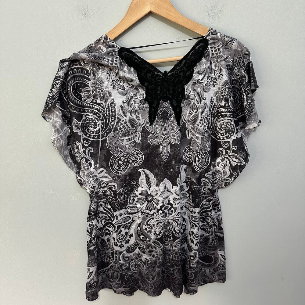 One World Tunic Womens Large Black White Flutter Sleeve Y2K Fairy Whimsigoth - Picture 2 of 6